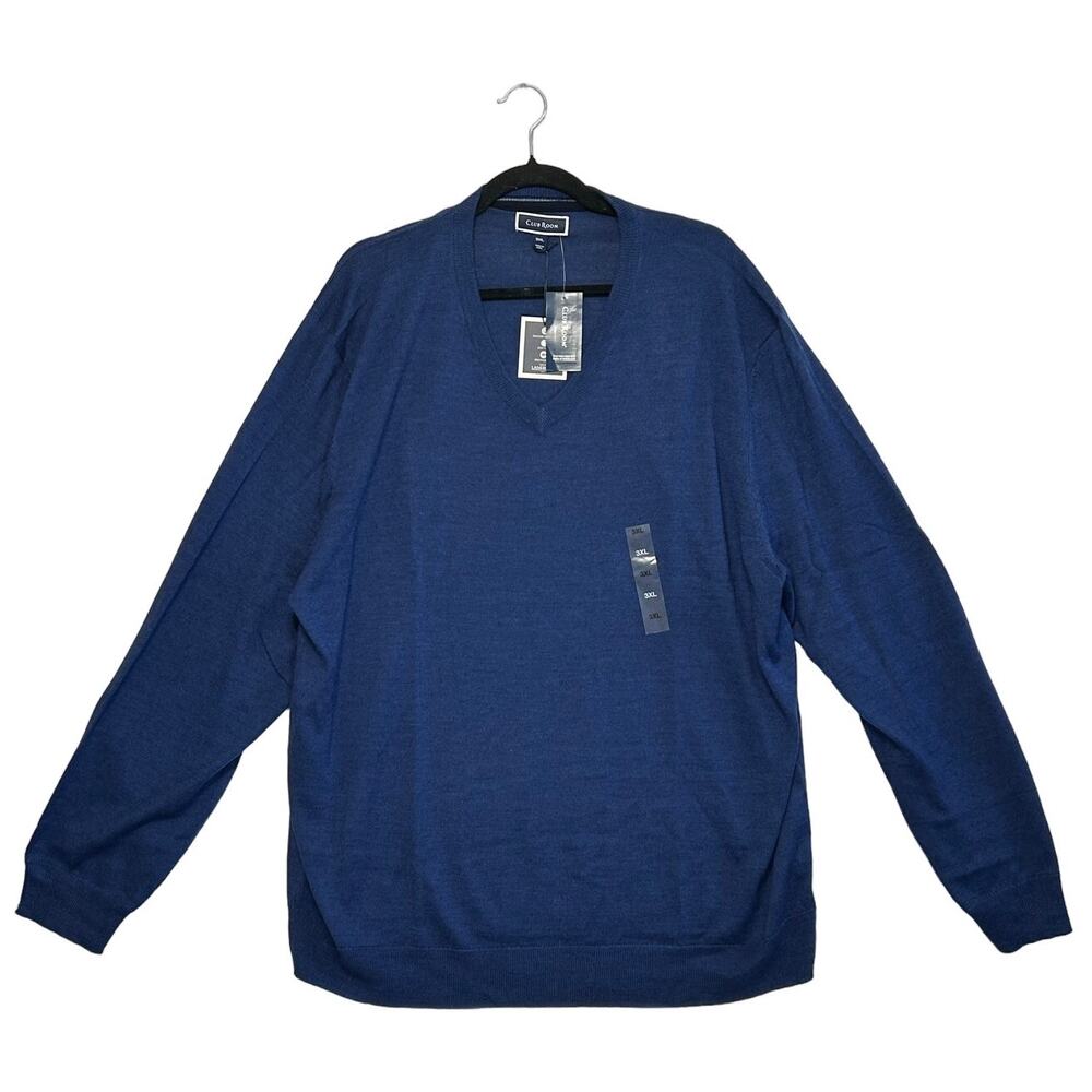 Club Room Merino Wool V-Neck Sweater NWT Men's Sz 3XL Blue Classic Minimalist